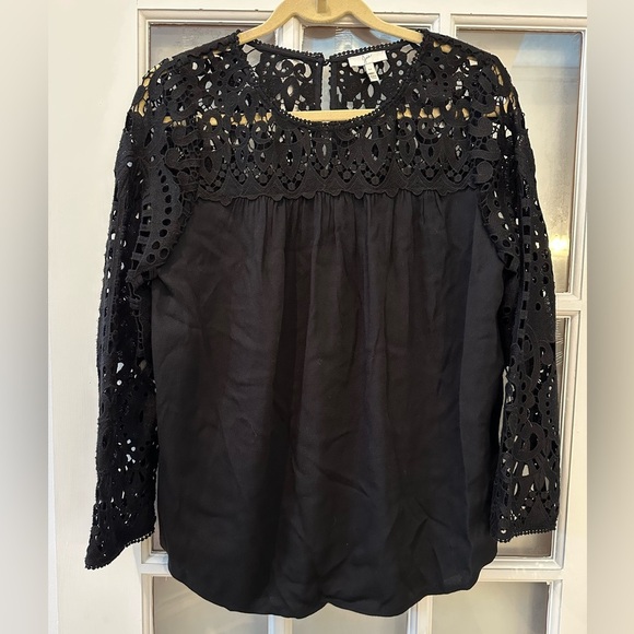 Joie Lindy Top Crochet Lace 3/4 Sleeve Relaxed Baby Doll Blouse Black Size Med M - Picture 10 of 10